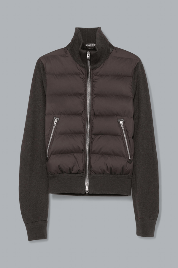 NYLON DOWN FRONT MERINO WOOL ZIP THROUGH CARDIGAN