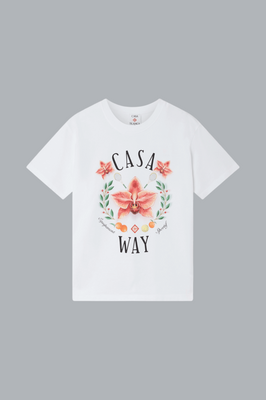 White t-shirt with floral design and 'Casa Way' text on a gray background