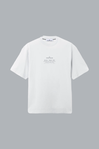 White t-shirt with text on a gray background