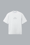 White t-shirt with text on a gray background